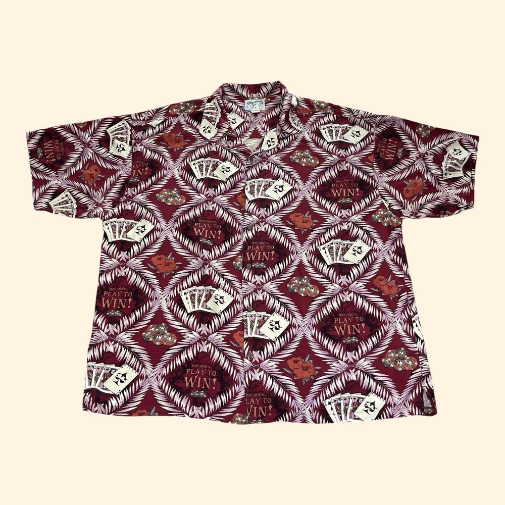 Vintage Big Dogs Play To Win Gambling Poker Hawaiian Shirt Mens 4XL Maroon Vegas